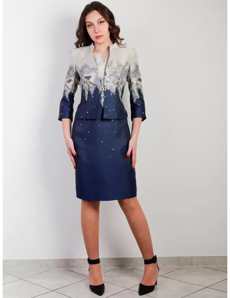Sonia Pena Couture 1201028 blue and gold brocade dress and jacket