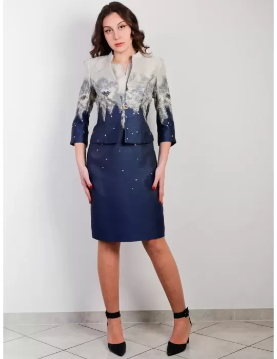 Sonia Pena Couture 1201028 blue and gold brocade dress and jacket