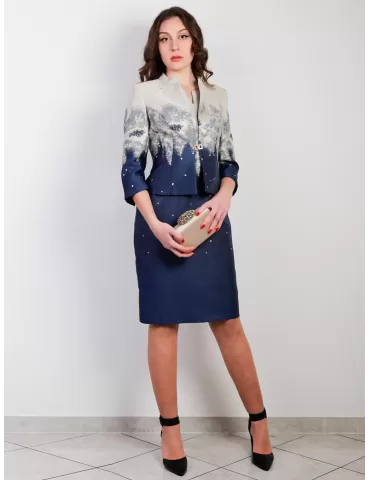 Sonia Pena Couture 1201028 blue and gold brocade dress and jacket