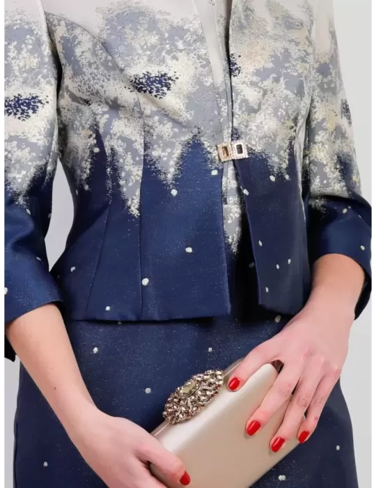 Sonia Pena Couture 1201028 blue and gold brocade dress and jacket