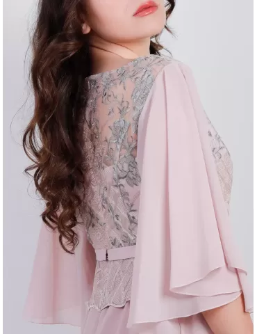 Abito lungo chiffon rosa con corpetto ricamato Sonia Pena 1190022 2