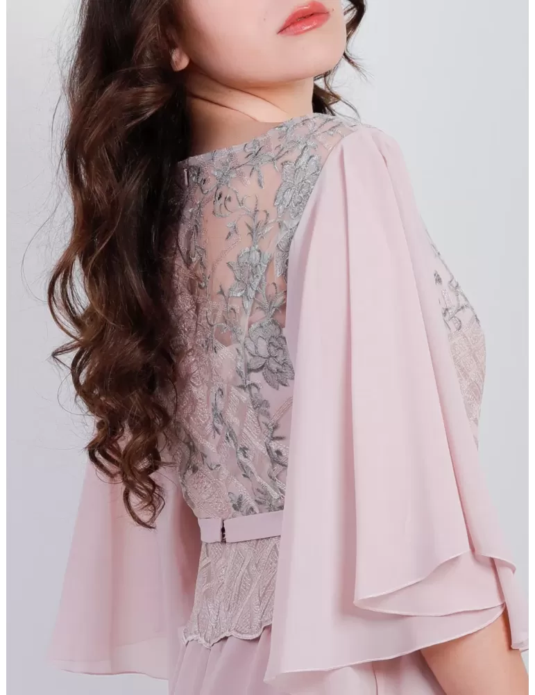 Abito lungo chiffon rosa con corpetto ricamato Sonia Pena 1190022