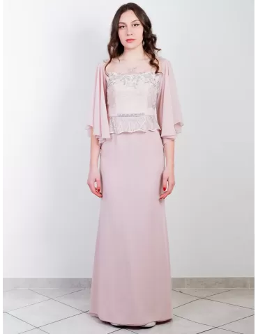Abito lungo chiffon rosa con corpetto ricamato Sonia Pena 1190022