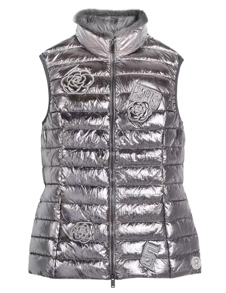 Ananke by Fuego Woman glossy silver down waistcoat with fur