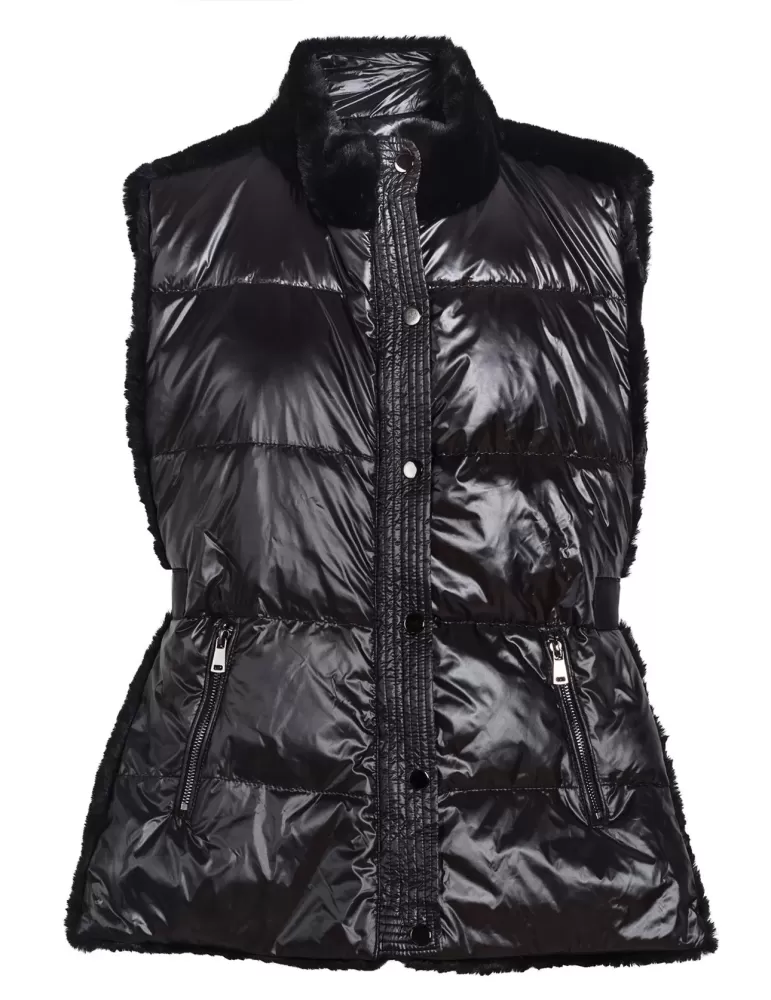 Fuego Woman - Gilet piumino nero con pelliccia fino alla 54