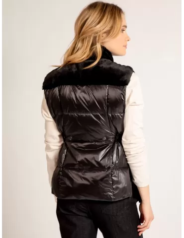 Ananke by Fuego Woman glossy silver down waistcoat with fur 2