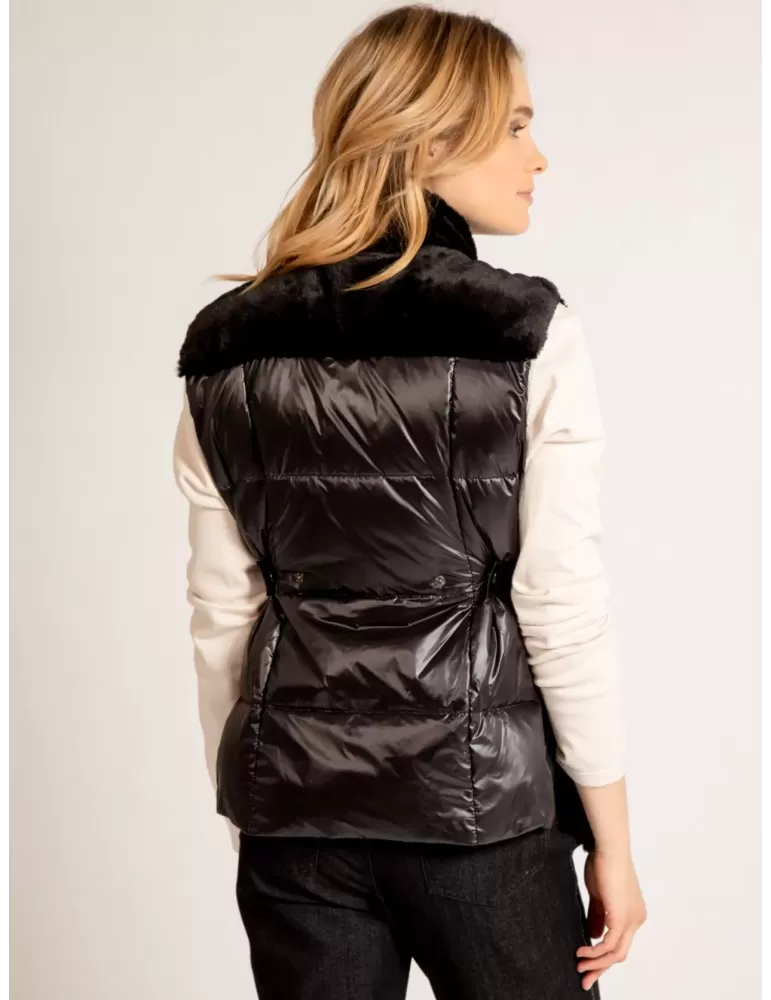 Fuego Woman glossy black down duvet waistcoat with faux fur