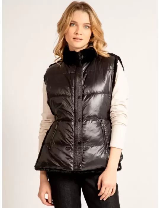 Fuego Woman - Gilet piumino nero con pelliccia fino alla 54