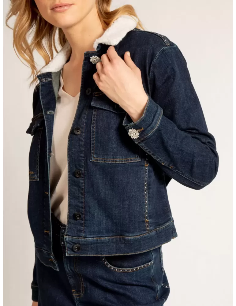 Fuego Woman| Giubbotto jeans blu con borchie strass e collo pelliccia