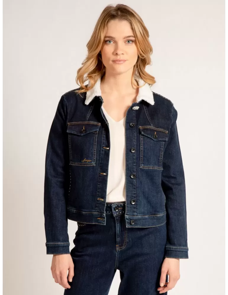 Fuego Woman| Giubbotto jeans blu con borchie strass e collo pelliccia