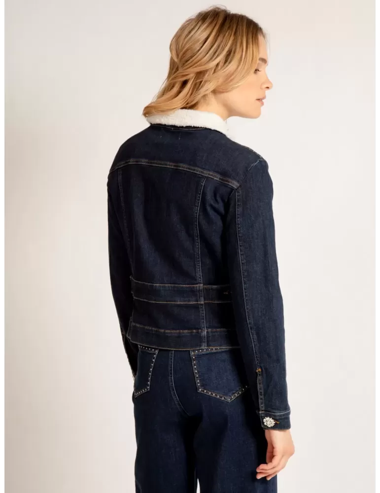 Fuego Woman| Giubbotto jeans blu con borchie strass e collo pelliccia