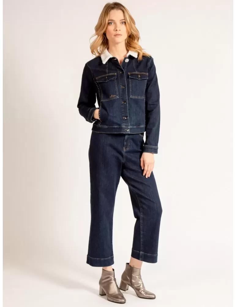 Fuego Woman| Giubbotto jeans blu con borchie strass e collo pelliccia
