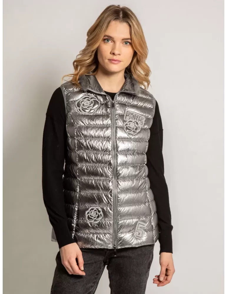 Ananke by Fuego Woman - Gilet piumino argento lucido con pelliccia