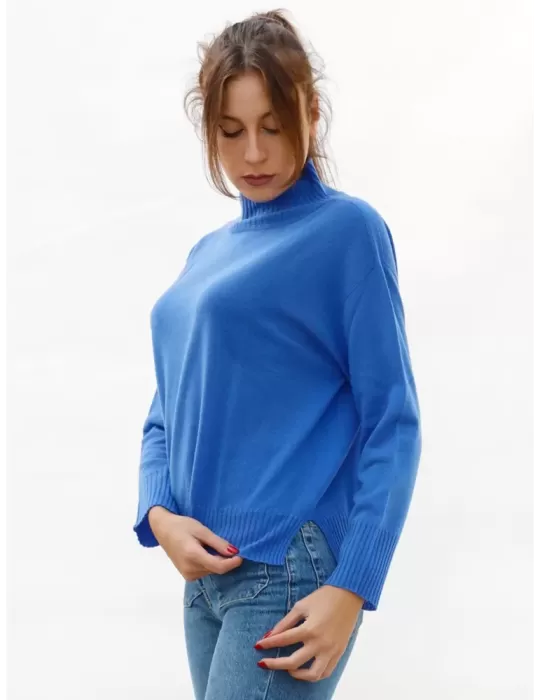 Maglia azzurra a collo alto in pura lana e cashmere Renoir Riva Tricot