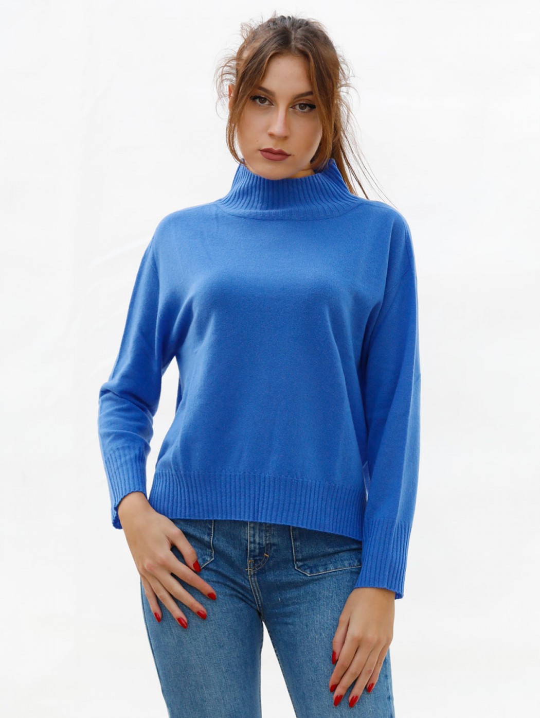 Riva Tricot blue cashmere wool turtleneck knitted box jumper sweater