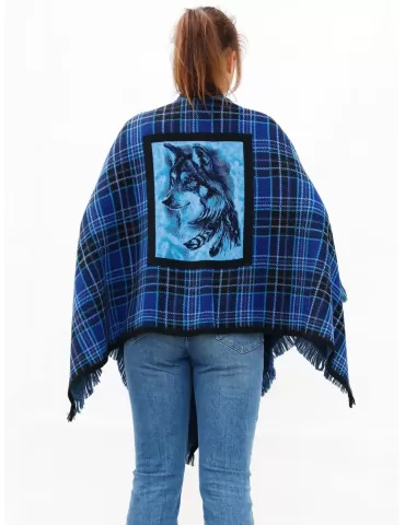 Francesca Mercuriali | Mantella scozzese azzurro e nero ricamo dietro