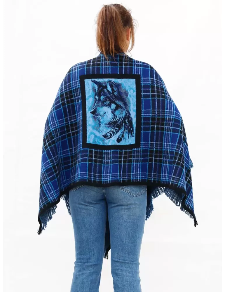 Royal blue and black tartan merino wool cape cloak with fringes Royal blue and black tartan merino wool cape cloak with fringes