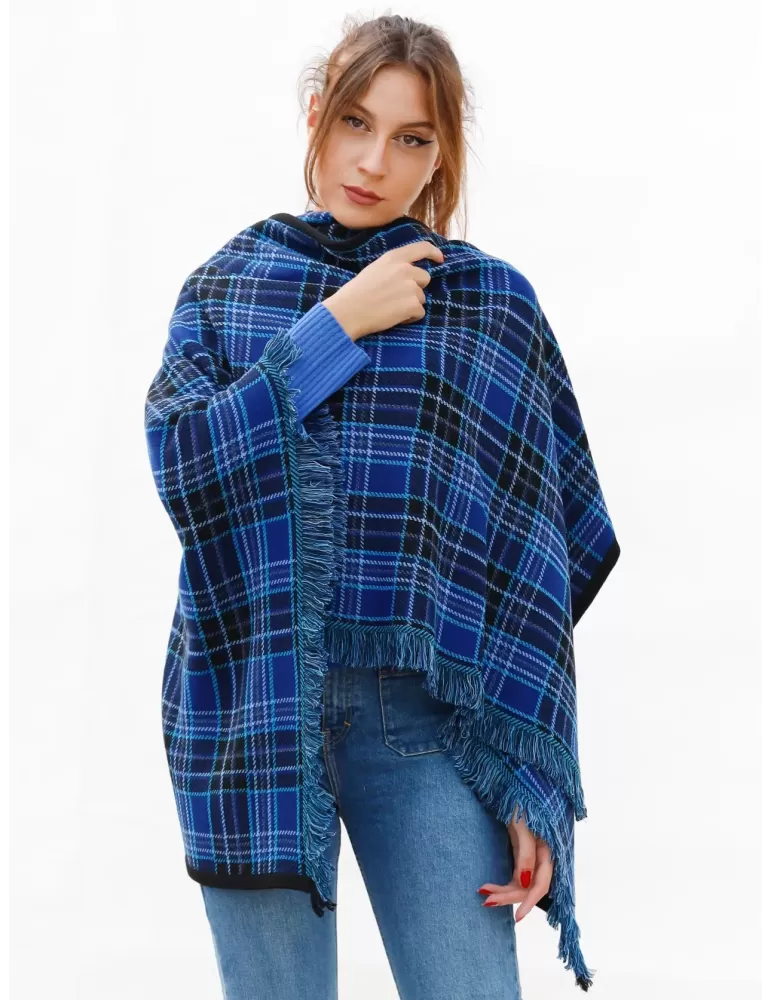 Royal blue and black tartan merino wool cape cloak with fringes