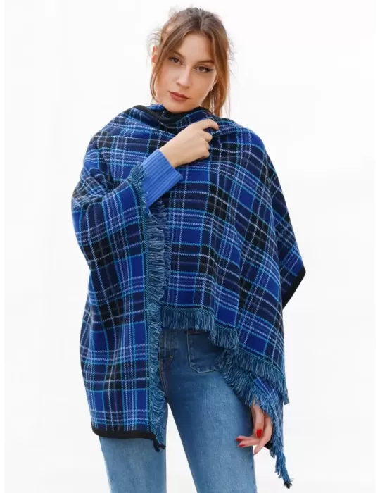 Royal blue and black tartan merino wool cape cloak with fringes