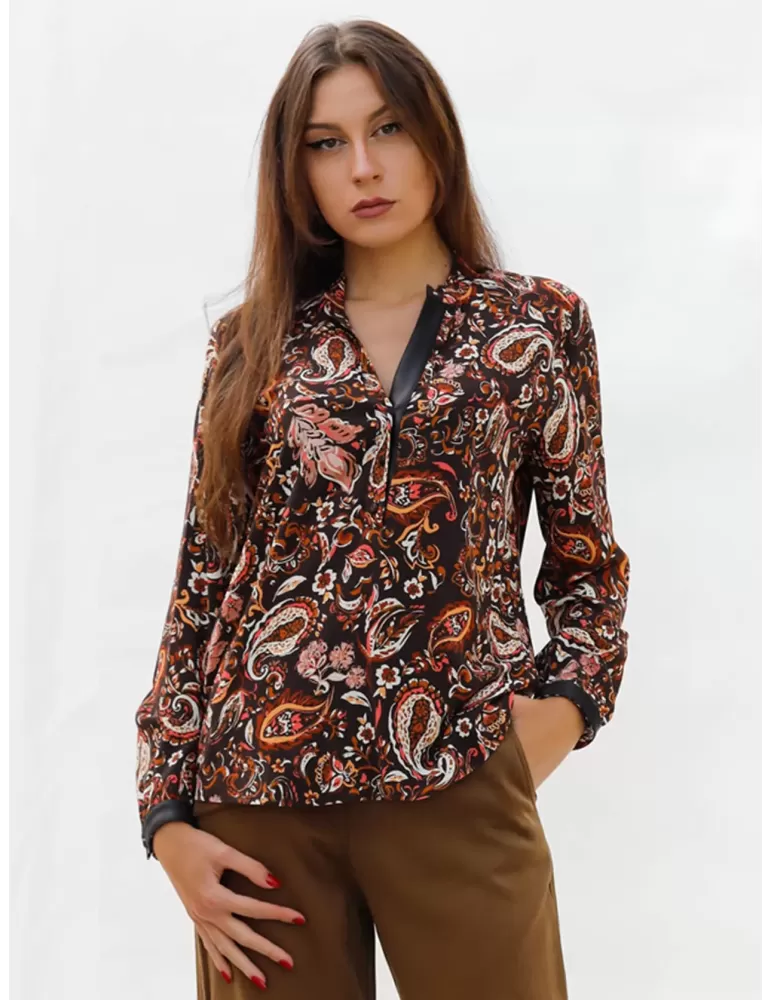 Paz Torras ethnic brown cashmere print silk shirt plus size available Paz Torras ethnic brown cashmere print silk shirt plus size available