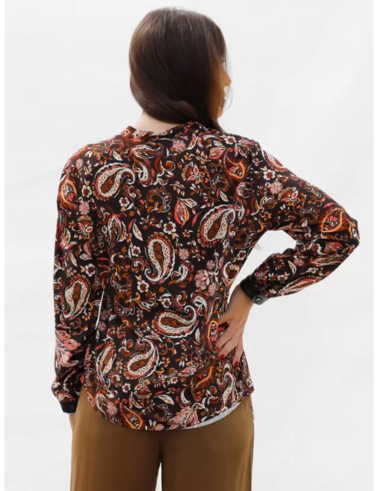 Paz Torras ethnic brown cashmere print silk shirt plus size available