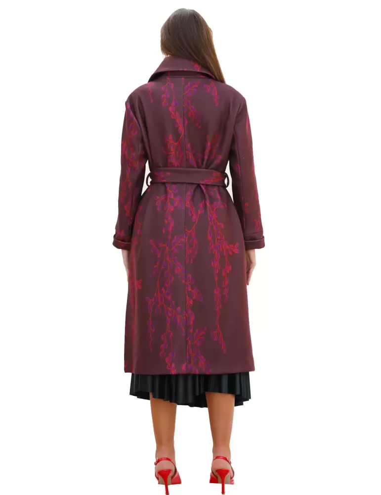 Maesta Milano |Cappotto vestaglia midi bordeaux fantasia viola e rosso