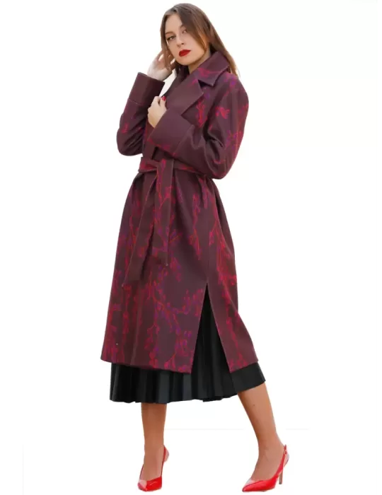 Maesta Milano |Cappotto vestaglia midi bordeaux fantasia viola e rosso
