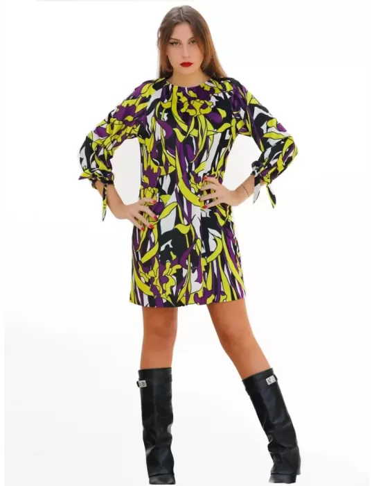 Yellow and purple velvet chenille tunic dress