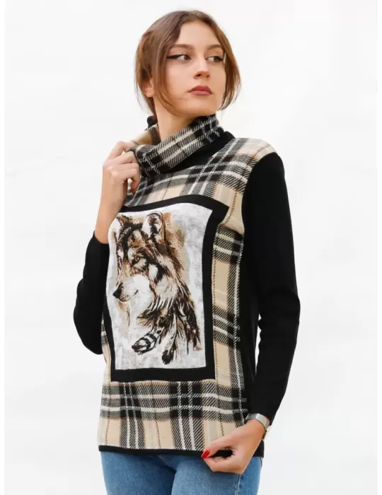 Francesca Mercuriali Italy | Tartan beige wool turtleneck sweater