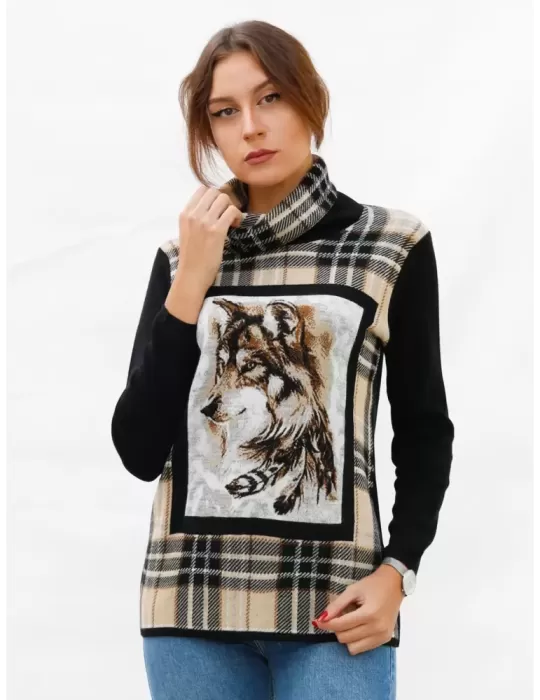 Francesca Mercuriali Italy | Tartan beige wool turtleneck sweater Francesca Mercuriali Italy | Tartan beige wool turtleneck sweater