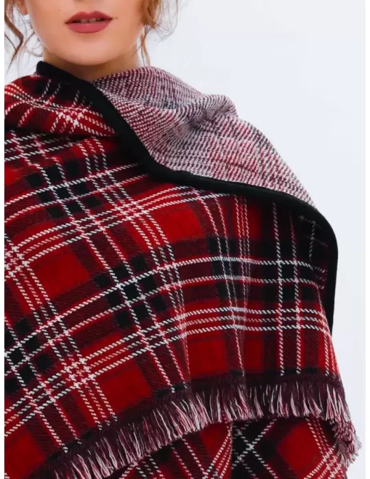 Red and black tartan merino wool cape cloak with fringes