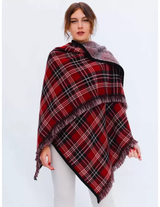 Red and black tartan merino wool cape cloak with fringes