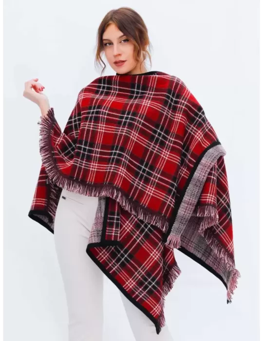 Red and black tartan merino wool cape cloak with fringes Red and black tartan merino wool cape cloak with fringes