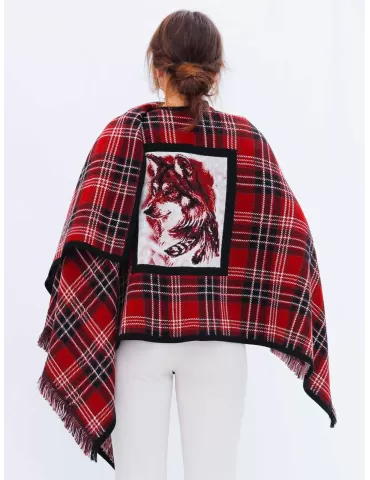 Red and black tartan merino wool cape cloak with fringes 2