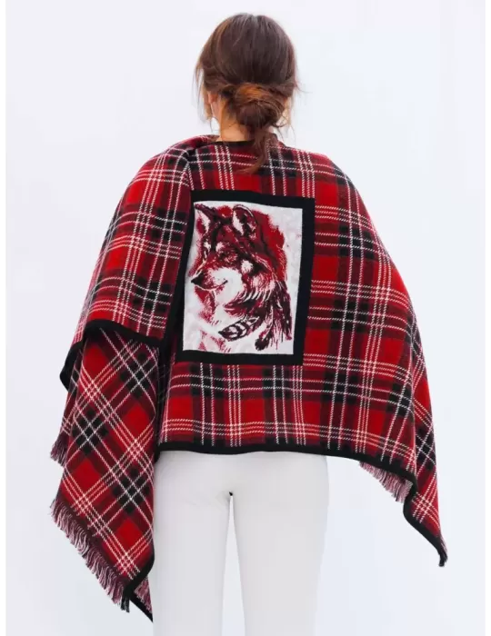 Red and black tartan merino wool cape cloak with fringes
