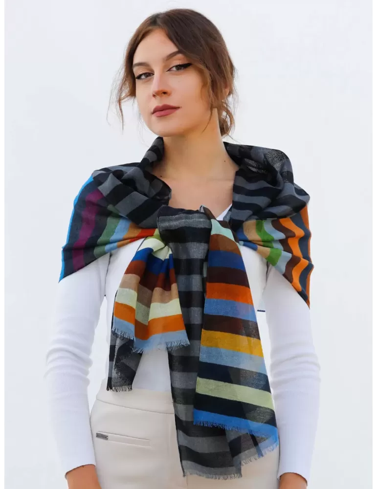 Nicki Colombo Como | Sciarpa unisex garza pura lana righe sul grigio
