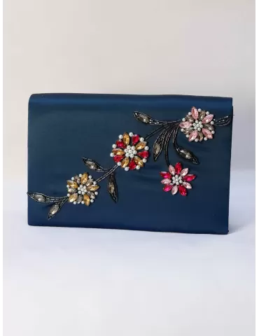 Borsa classica raso blu con ricamo di perle e strass Anna Cecere Bags