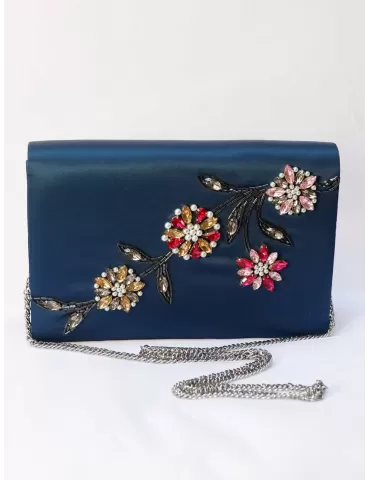 Borsa classica raso blu con ricamo di perle e strass Anna Cecere Bags 2