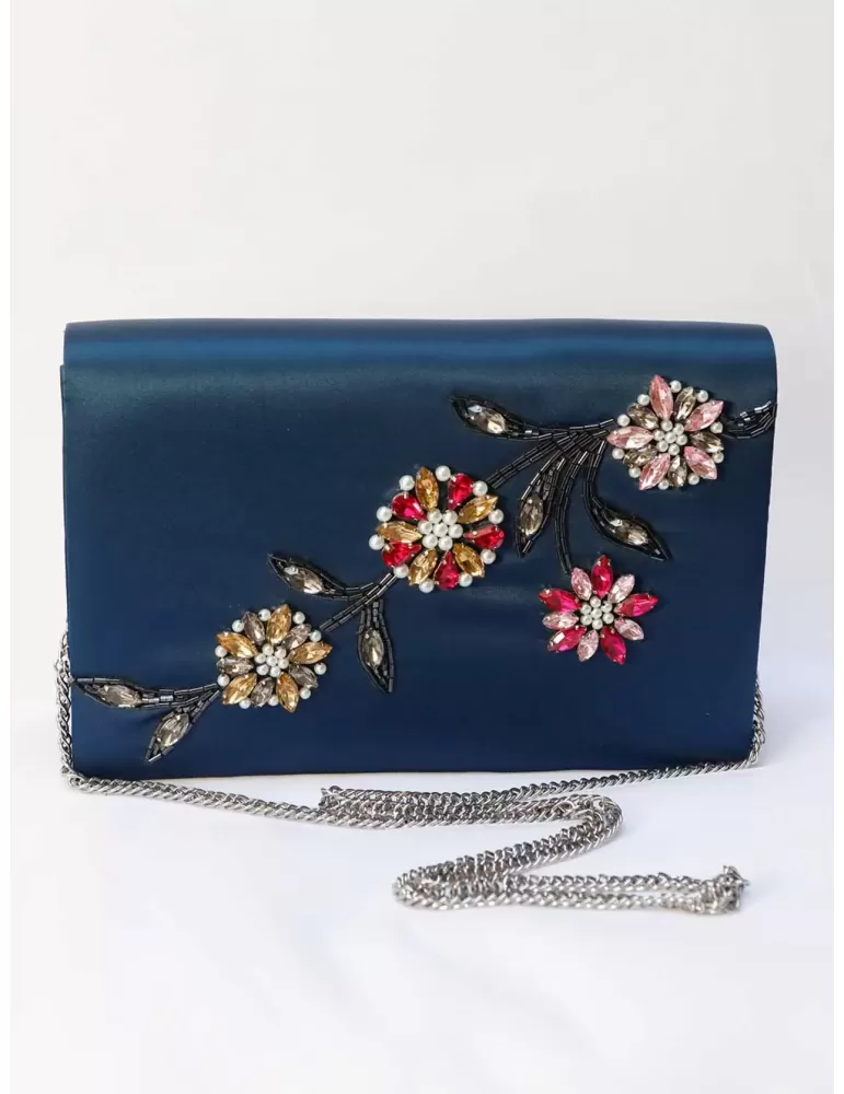 Borsa classica raso blu con ricamo di perle e strass Anna Cecere Bags