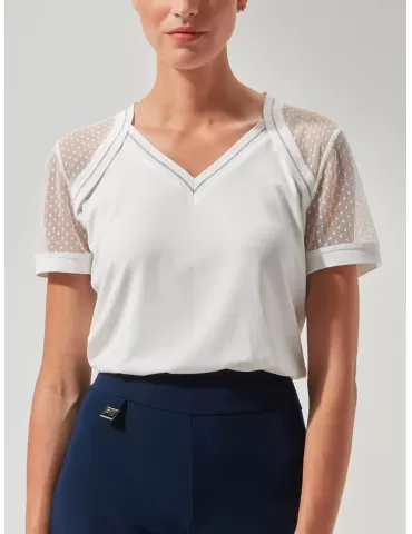 Fuego Woman white t-shirt V neck with mesh on shoulders plus size also 2
