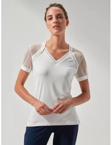 Fuego Woman white t-shirt V neck with mesh on shoulders