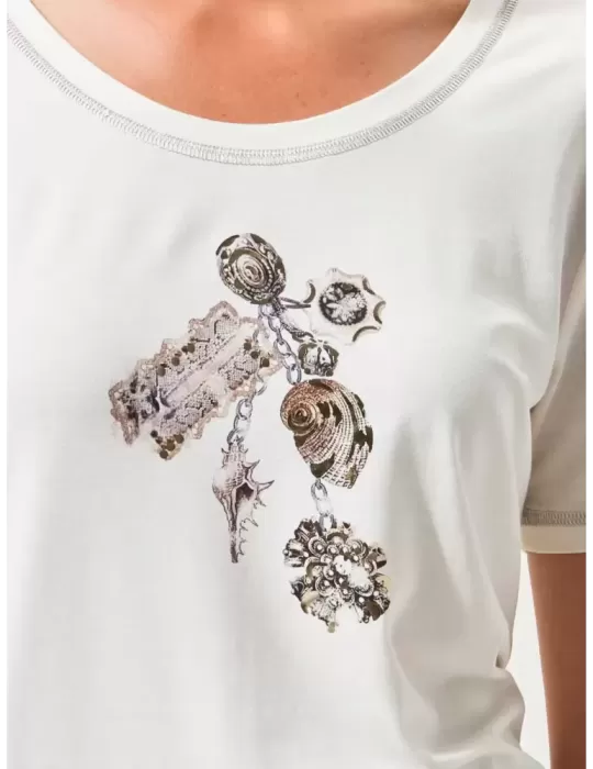 T-shirt bianca stampa conchiglie beige e oro Fuego Woman fino alla 54