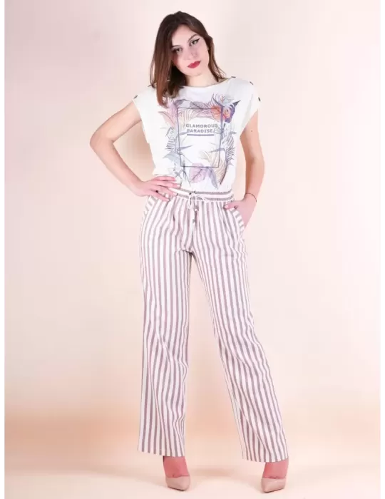 Paz Torras shop online |Colonial style beige striped palazzo trousers