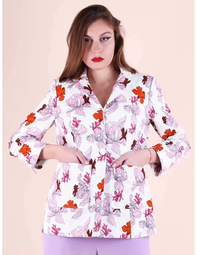 Maesta Milano Italy | Shop online white cotton denim blazer jacket flowers