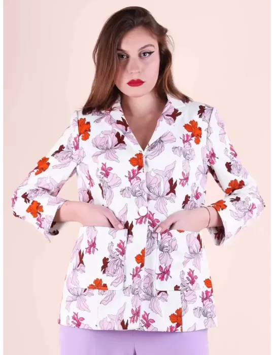 Maesta Milano Giacca bianca cotone blazer denim a fiori fino alla 54