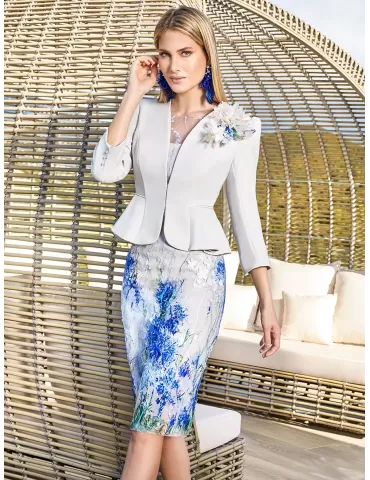 Sonia Pena Couture blue lace formal dress and jacket suit