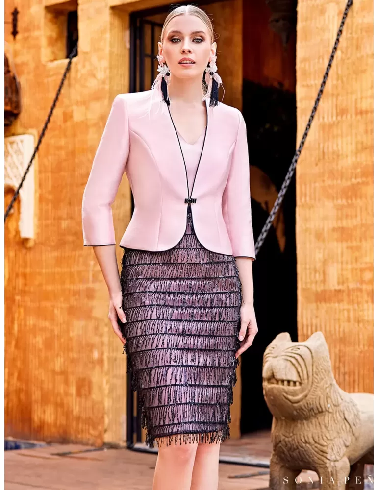 Sonia Pena pink and black sequins silk dress and jacket suit Sonia Pena pink and black sequins silk dress and jacket suit