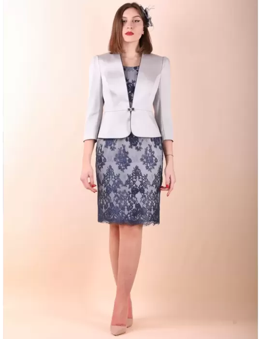 Sonia Pena Couture 1220030 | Abito e giacca in pizzo blu e argento Sonia Pena Couture 1220030 | Abito e giacca in pizzo blu e argento