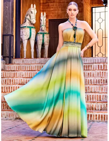 Sonia Pena low necked yellow green shadows evening dress
