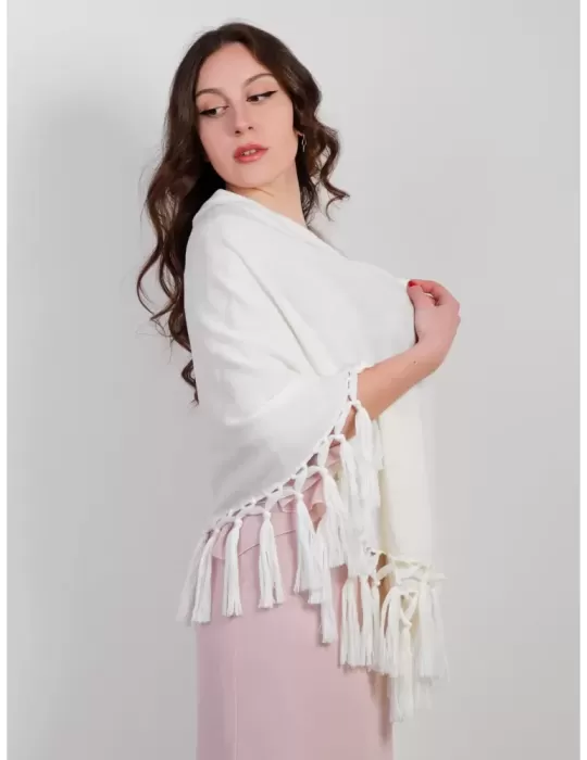 Milky white merino wool maxi stole cape scarf with fringes Milky white merino wool maxi stole cape scarf with fringes